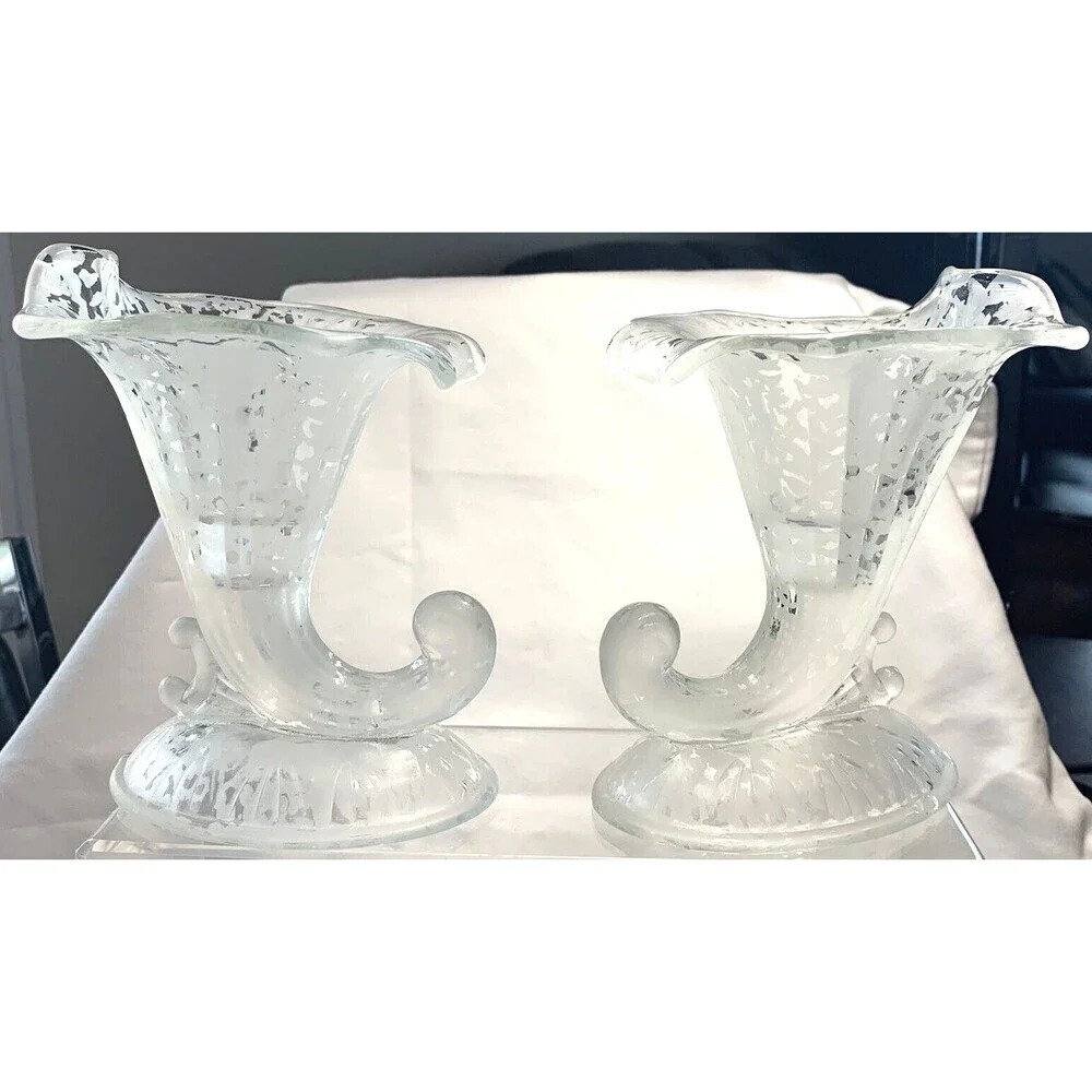 Fenton San Toy Crystal Pair Cornucopias Candle Holders Frosted Etching VTG